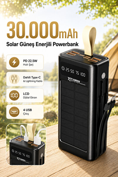 7GO GPW-09 30000mAh Güneş Enerjili Powerbank | PD 22.5W Hızlı Şarj | Dahili T...