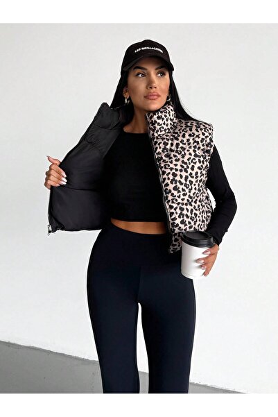 ladyzey Vestă scurtă pufătoare, reversibilă, cu imprimeu leopard, pentru femei
