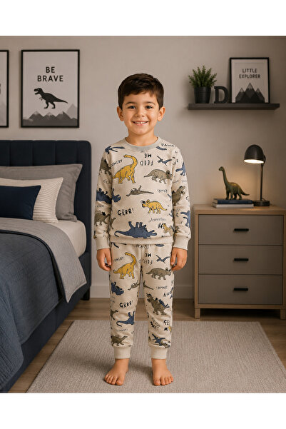Fil Kids Dečački set od Pamuk delova tkanine, smeđi dinosaur, dugi rukav, zim...