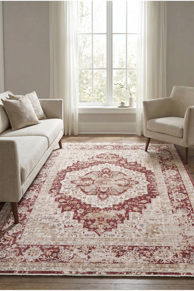 Livset Home Modern Dokuma Halı Bordo Krem Salon Mutfak Antre Yolluk Oturma Od...