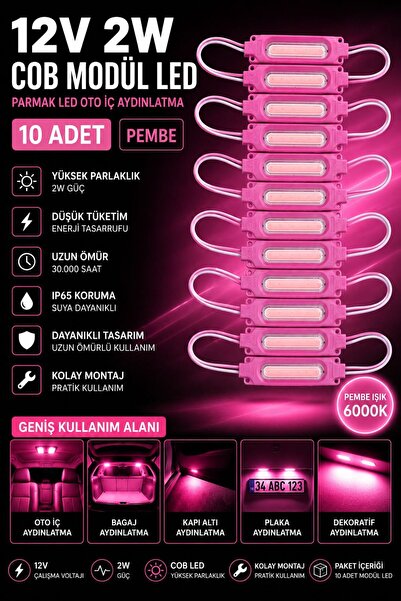 KUZEY AKSESUAR 12V 2W Cob Modül Led Parmak Led Oto İç Aydınlatma 10 adet