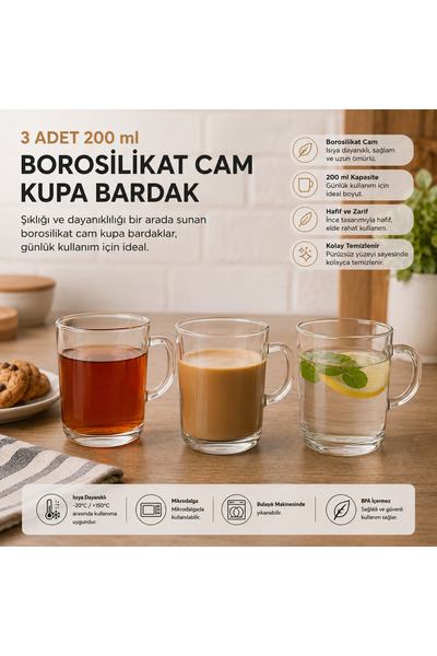 Şanlıavm 3 LÜ Borosilikat Cam Kupa Bardak Seti- Şıklık ve Dayanaklılık Bir arada