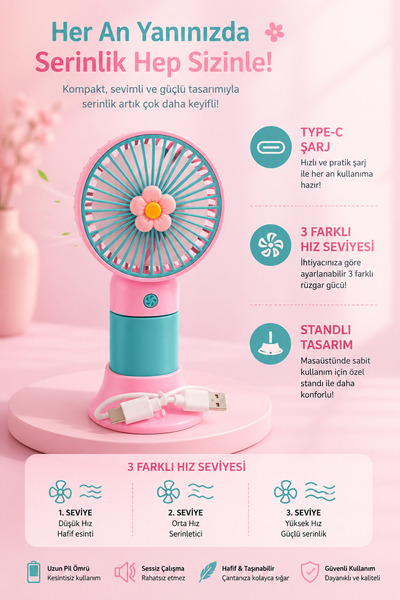 JASPER Papatya Figürlü Pembe Taşınabilir Standlı Serinletici Fan 3 Hız Ayarlı...