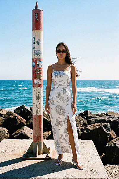 Quzu Square Collar Floral Patterned Long Dress Ecru