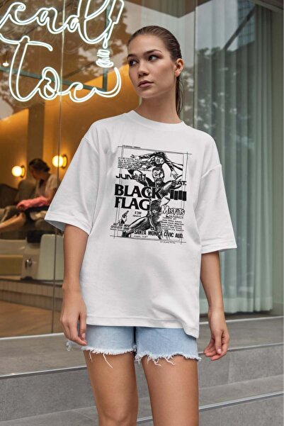 buzagi tasarım ürünleri Black Flag Oversize Unisex White T-Shirt