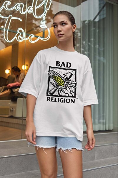 buzagi tasarım ürünleri Bad Religion Oversize Fit Unisex White T-Shirt