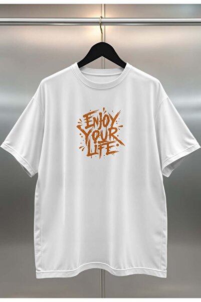 buzagi tasarım ürünleri Enjoy Your Life Digital Print Oversize Unisex White T...