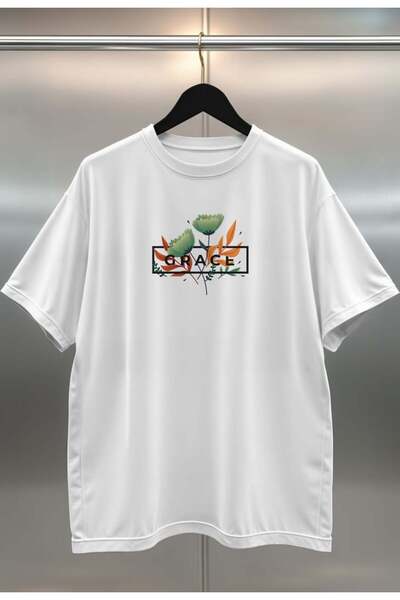 buzagi tasarım ürünleri Grace Digital Printing Oversize Unisex White T-Shirt