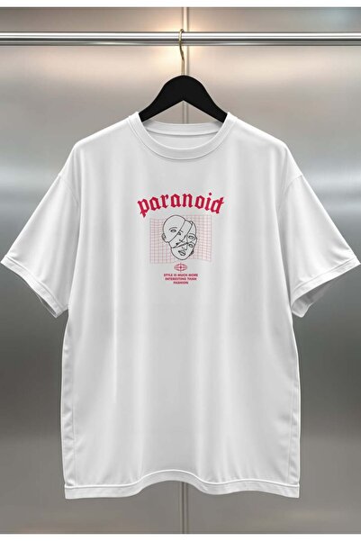 buzagi tasarım ürünleri Paranoid Digital Print Oversize White Unisex T-Shirt