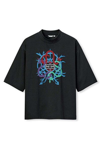 buzagi tasarım ürünleri Nine Inch Nails Digital Print Oversize Black Unisex T...