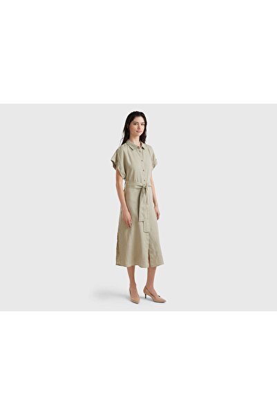 United Colors of Benetton Midi Dress with Short Sleeves and Waist Belt