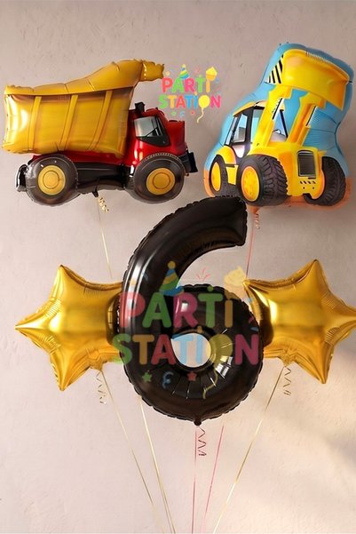 Parti Station Truck Dozer Bucket Construction 6 Years Old Balloon Set Star Ba...