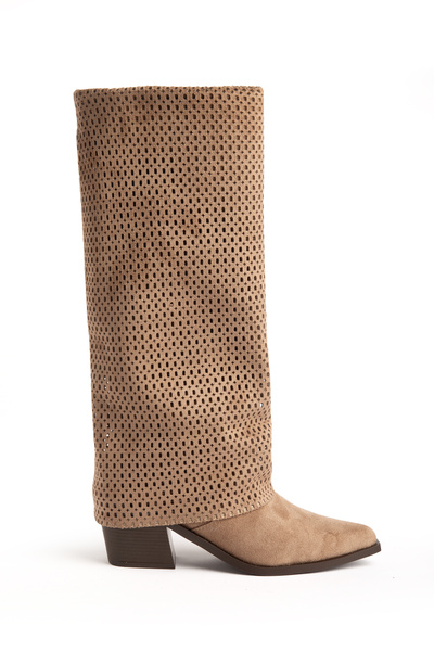 DENORA Pantaloni perforați din piele intoarsa mată Mink Camel, cizme Western ...