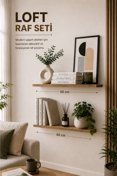 Atlanta Home Loft 2'li Dekoratif Duvar Rafı Seti Ahşap Duvar Rafı Salon Mutfa...