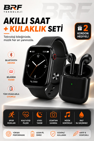 BRF TEKNOLOJİ Akıllı Saat ve Bluetooth Kulaklık Seti Arama Özellikli Sosyal M...