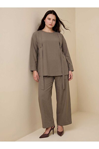 ALİA Front Belt Detailed Tunic & Trousers Linen Plus Size Set - Earth Color