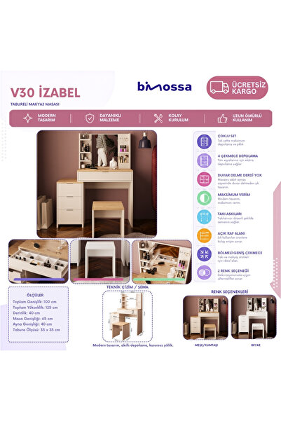 Bimossa V3060 İzabel Tabureli Makyaj Masası Sepet-Kumtaşı Aynalı, 3 Çekmeceli Yan Dolaplı, Raflı Tasarım
