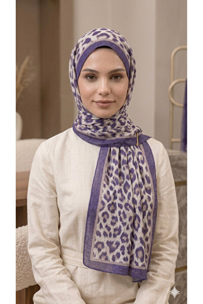Yagmurbulutscarf Lüks Leopar Desenli Mor Çerçeveli Modern Keten Şal