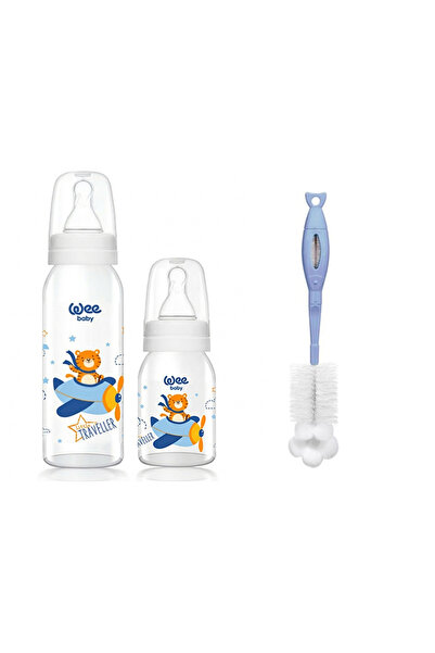 Wee Baby Desenli Cam Biberon Seti ve Temizleme Fırçası
