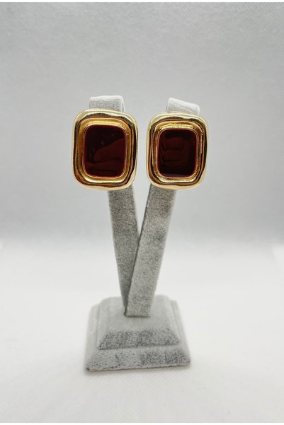Vivante Gold Rectangular Burgundy Enamel Vintage Premium Steel Earrings