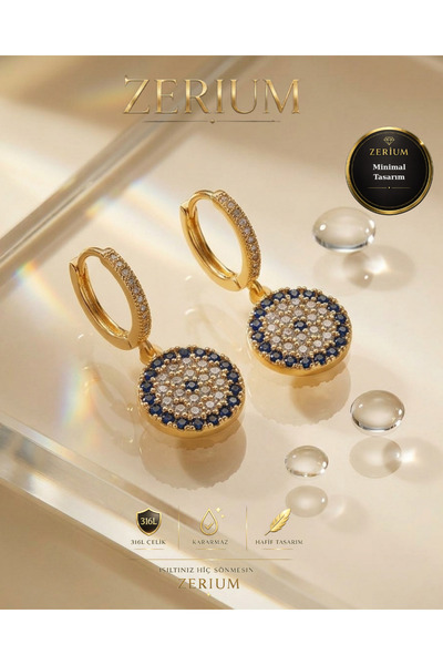 ZERİUM Women's Gold Color Steel Earrings with Evil Eye Bead Figure Hoop