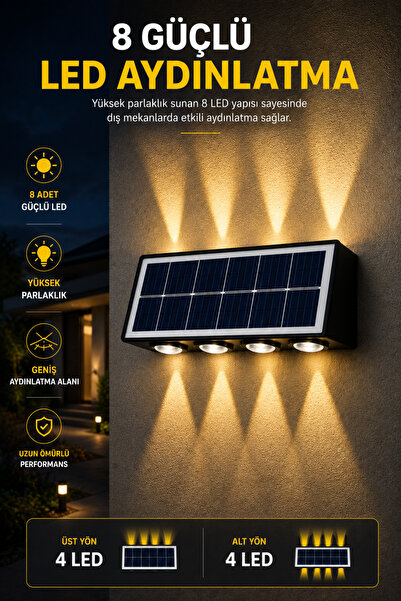 Forestia Solar Villa Bahçe Duvar Led Lambası - 8 Büyük Güçlü Led + 2 (Sarı Be...
