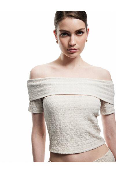 Koton Textured Slim Fit Off-Shoulder Madonna Collar T-Shirt