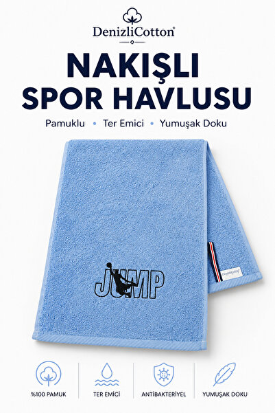 denizlicotton Prosop sport cu broderie albastră 30x90 cm, din bumbac, absorba...