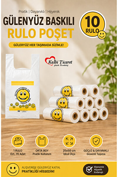 Kalbi Ticaret Rulo Poşet Orta Boy 10 Rulo Gülenyüz Baskılı Poşet 25x50 cm Hış...