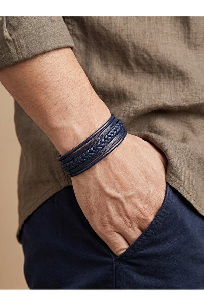 Parmas Design Multi Leather Men's Braided Detail Steel Lock Gift Bracelet 01840