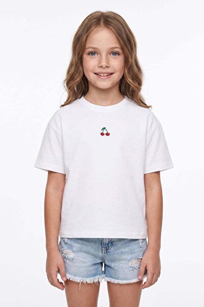 Fulla Moda Tricou pentru fete, modal, cu guler rotund, brodat cu cireșe