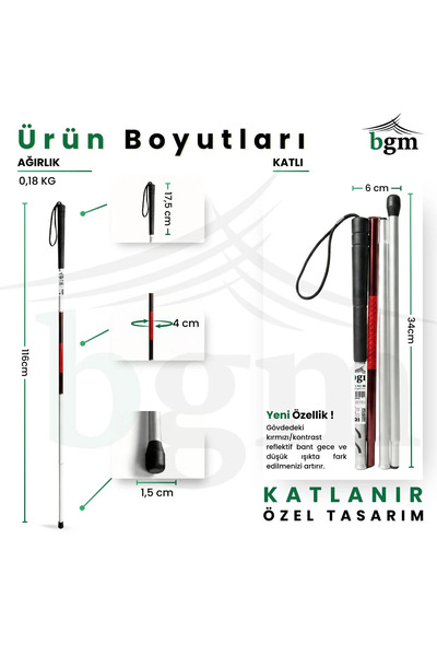 bgm Görme Engelli Bastonu Yüksek Kalite Katlanır