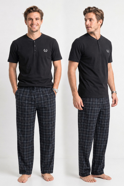 Kompedan Erkek % 100 Pamuk Düğmeli Yaka Altı Ekoseli Cepli Kısa Kol Pijama Ta...