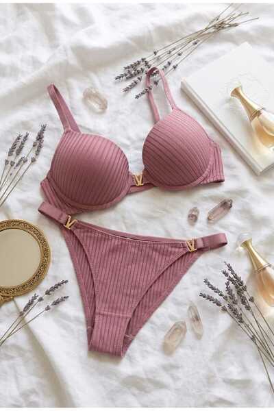 WOMEN'S WORLD FANTASY Striped V-Neck Push up Bra and Panties Set