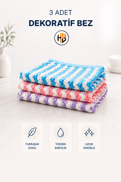 HOBİLON (3 Adet) 30×30 Cm Dekoratif Yumuşak Doku Mutfak Ve Genel Temizlik Bezi
