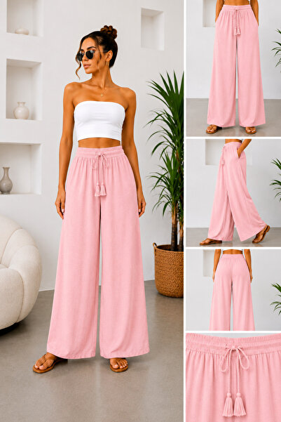 Urban Mix Women's Aerobic Linen High Waist Elastic Wide Leg Summer Casual Pants