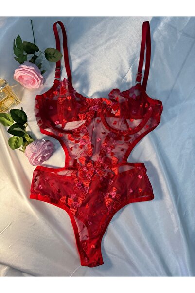 İana butik Kalp Desenli Dantel Tek Parça Body