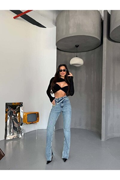 HerTon Asymmetrical Belt Detail High Waist Wide-Leg Denim Pants