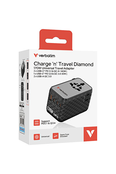 Verbatim GaN cablu retractabil USB-C 2x USB-A + 2x USB-C PD 3.1 QC4 170W Negru