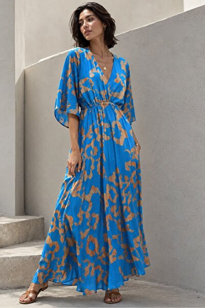 Madmext Blaues, gemustertes, langes Kleid mit Schlitzdetail MG2322