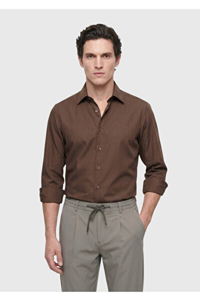 Ramsey Brown Plain Casual Fit Long Woven Casual Silk Blend Shirt