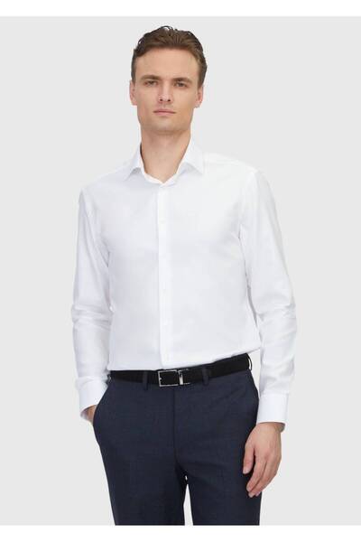 Ramsey White Patterned Regular Fit Long Woven Classic 100% Cotton Shirt