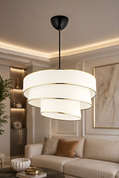 NisaLuce Nisa Luce Star-3 Kat Pasta Avize Beyaz•• ALTIN BİYELİ ••Modern Kumaş...