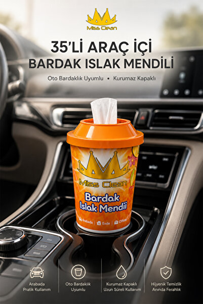 Miss Clean 35 Lİ Araç İçi Bardak Islak Mendili - Oto Bardaklık Uyumlu Kurumaz...