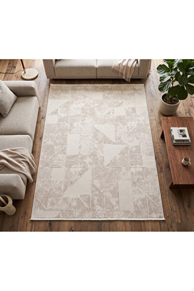 Merinos Vista Krem Renk %100 Akrilik Parlak Dokuma Bej Modern Geometrik Desen...