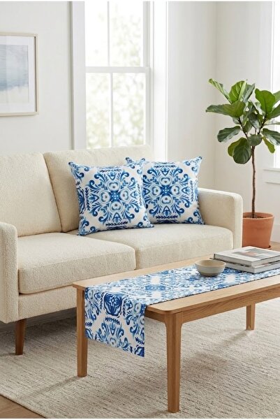 ASDİVA Flowa Mavi White Tile Patterned 3-Piece Combination Set - 1 Runner and...