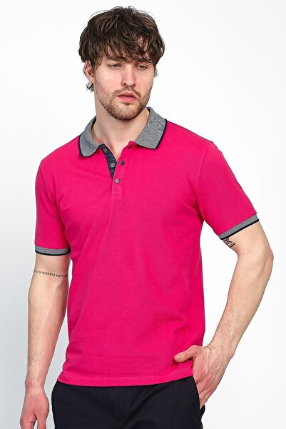 ENQUE Men's Basic Solid Short Sleeve Fuchsia Long Polo Neck T-Shirt