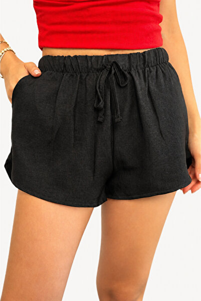 moda armanc Women's Linen Blend Shorts Black |   Elastic Waist, Lace-Up, Pock...