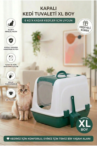 Kurtbay Şekil Flex Kapalı Kedi Tuvaleti – 37,5 x 50 x 40 cm, XL boy, Kum Küre...