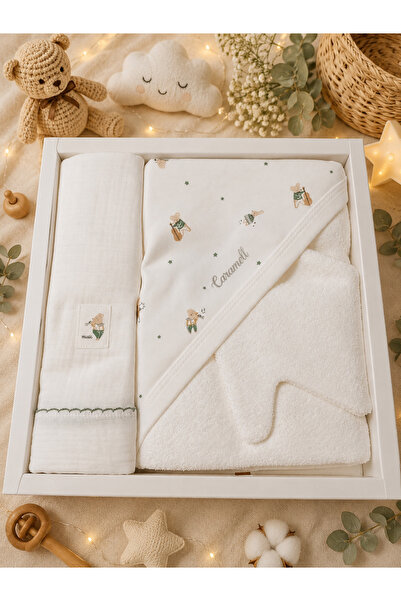 Caramell 100% Organic Cotton Bath Set (Muslin Towel, Hooded Towel, 1 Washclot...